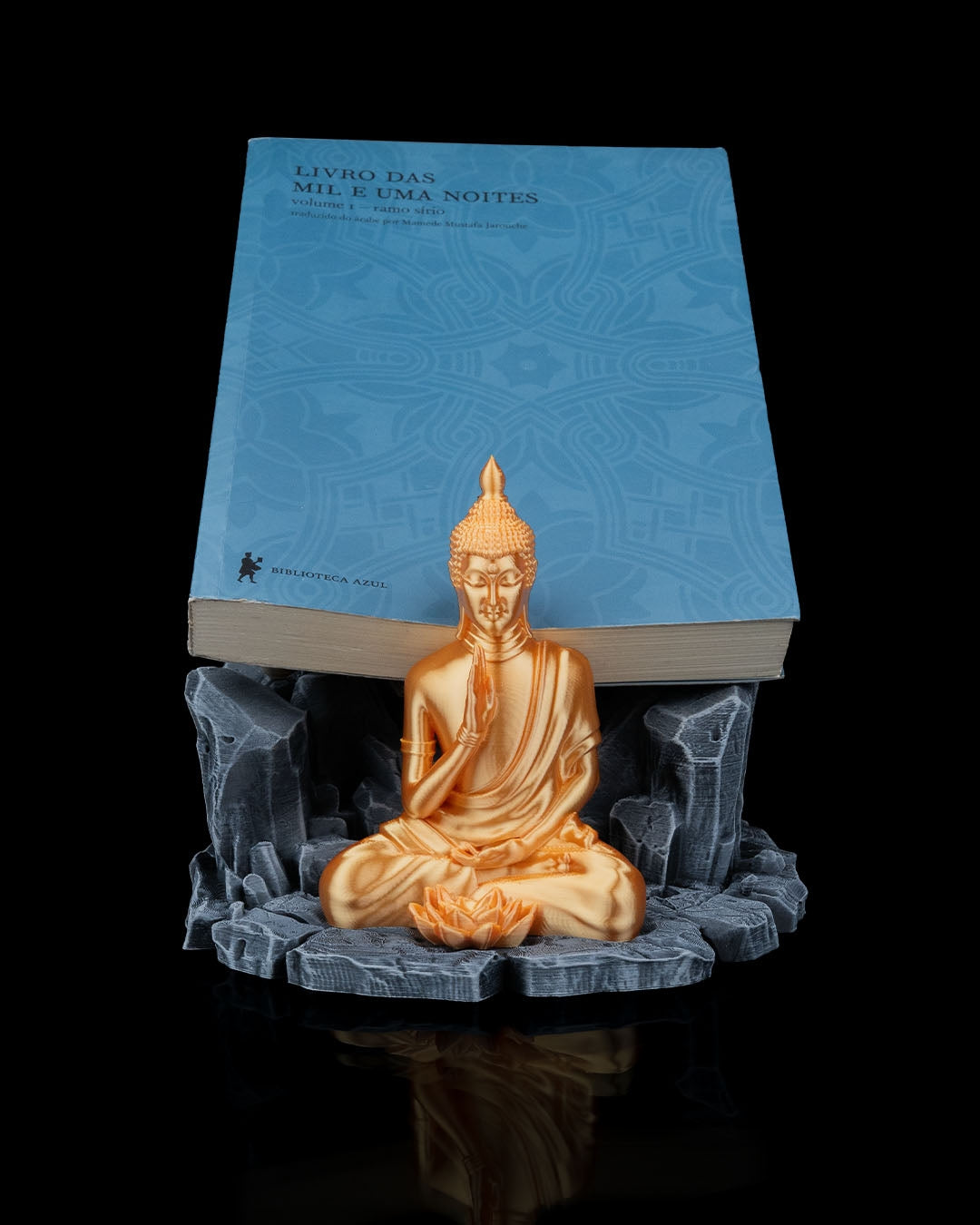 Base of Enlightenment Book Stand – Grey Stone & Gold Buddha | 3D Printed Spiritual Display