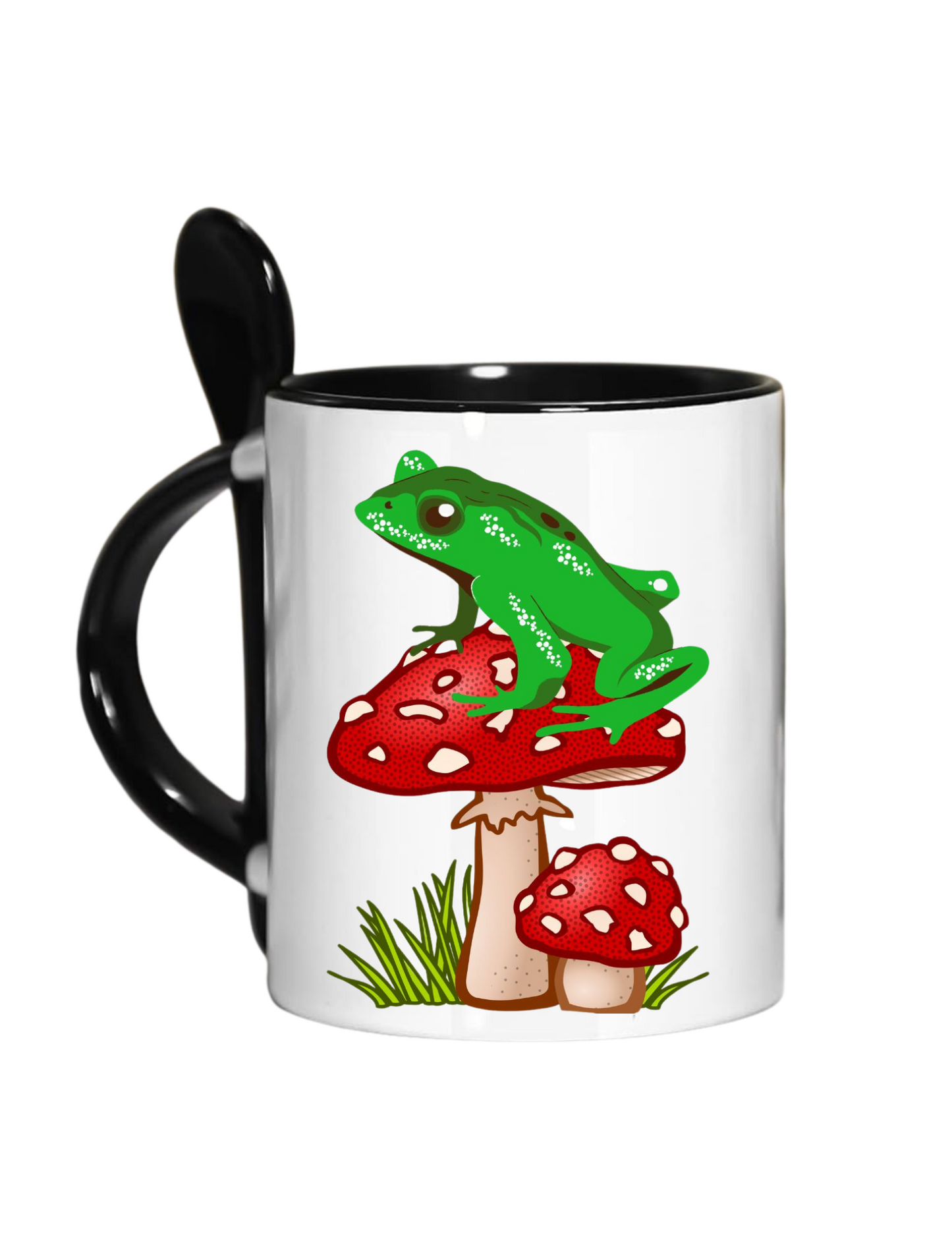 Toadily Chill Mug - Whimsical Green Frog on Red Mushroom - Relaxed and Fun Ceramic Mug with Black Interior and Spoon Holder