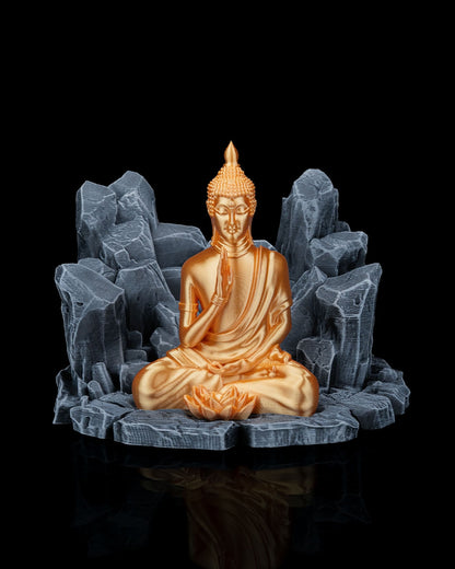 Base of Enlightenment Book Stand – Grey Stone & Gold Buddha | 3D Printed Spiritual Display