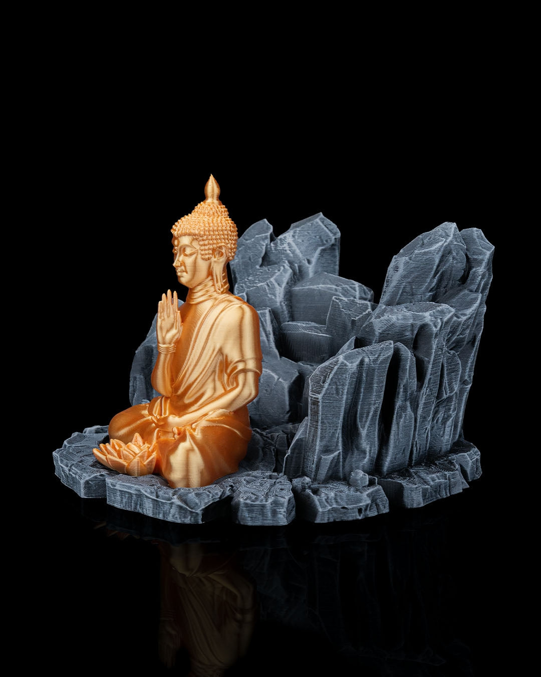 Base of Enlightenment Book Stand – Grey Stone & Gold Buddha | 3D Printed Spiritual Display