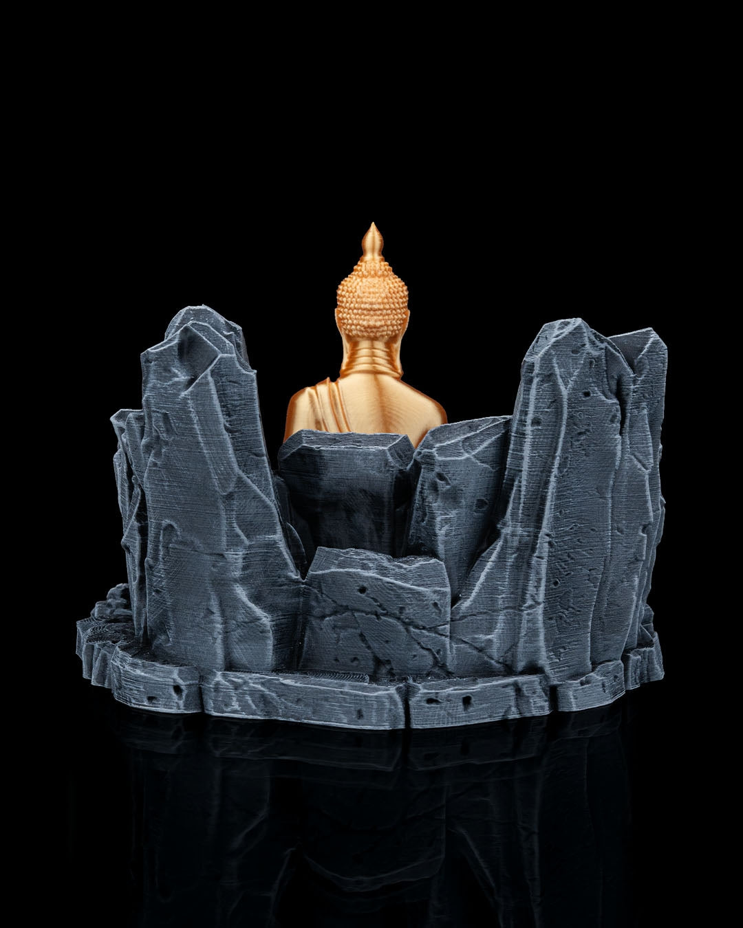Base of Enlightenment Book Stand – Grey Stone & Gold Buddha | 3D Printed Spiritual Display