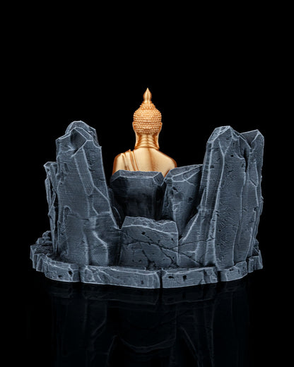 Base of Enlightenment Book Stand – Grey Stone & Gold Buddha | 3D Printed Spiritual Display