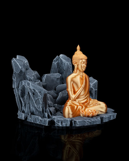 Base of Enlightenment Book Stand – Grey Stone & Gold Buddha | 3D Printed Spiritual Display