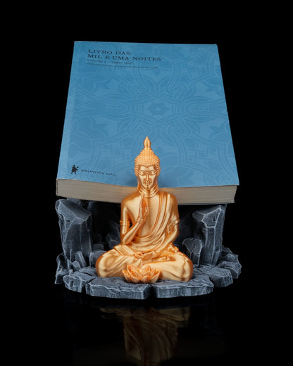 Base of Enlightenment Book Stand – Grey Stone & Gold Buddha | 3D Printed Spiritual Display