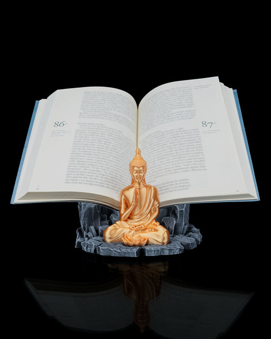 Base of Enlightenment Book Stand – Grey Stone & Gold Buddha | 3D Printed Spiritual Display