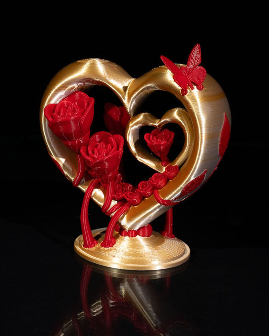 Heart and Roses Statue – 3D Printed Romantic Decor with Butterfly Accent