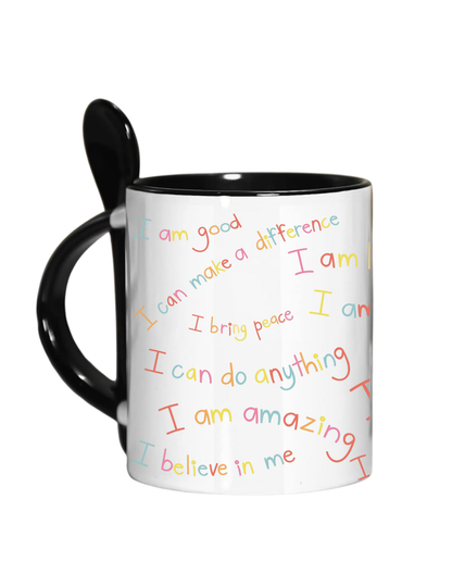 Inspirational Affirmations Mug - Motivational Quotes Coffee Cup with Spoon Holder for Daily Positivity and Self-Care