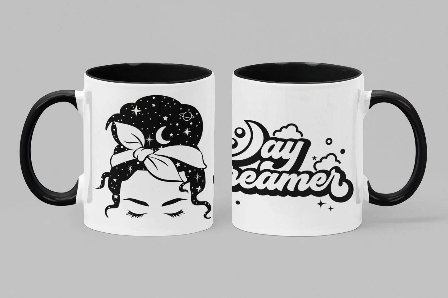 Day Dreamer Celestial Mug - Black & White 11oz Ceramic Mug with Spoon Holder - Unique Artistic Coffee & Tea Mug