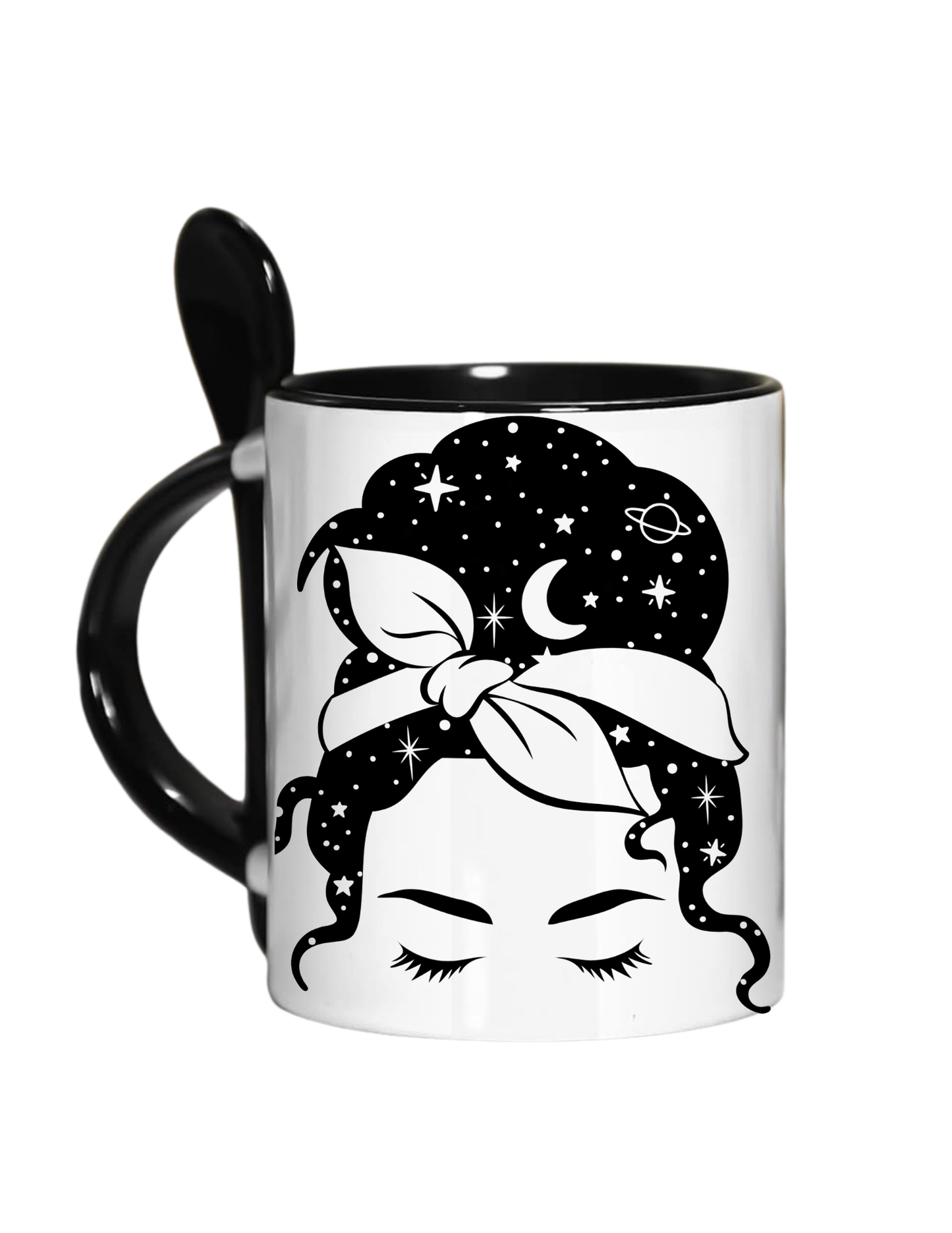 Day Dreamer Celestial Mug - Black & White 11oz Ceramic Mug with Spoon Holder - Unique Artistic Coffee & Tea Mug