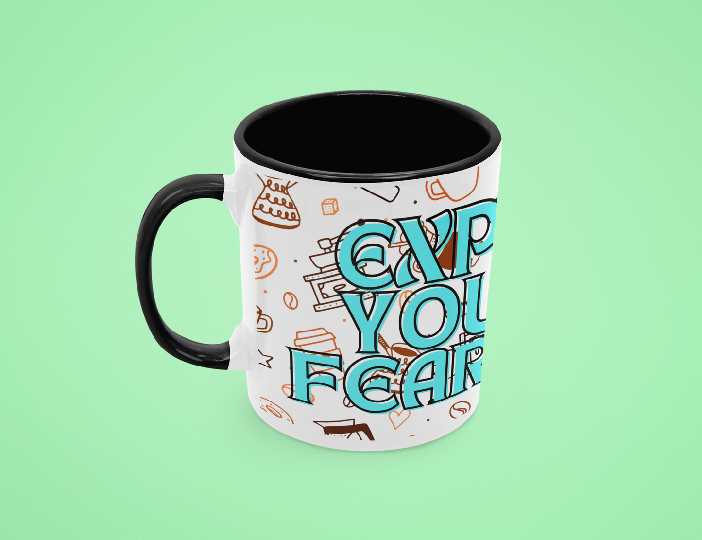 Colorful 11oz Ceramic Coffee Mug with Black Handle and Spoon, Featuring 'Espresso Yourself Fearlessly' Design