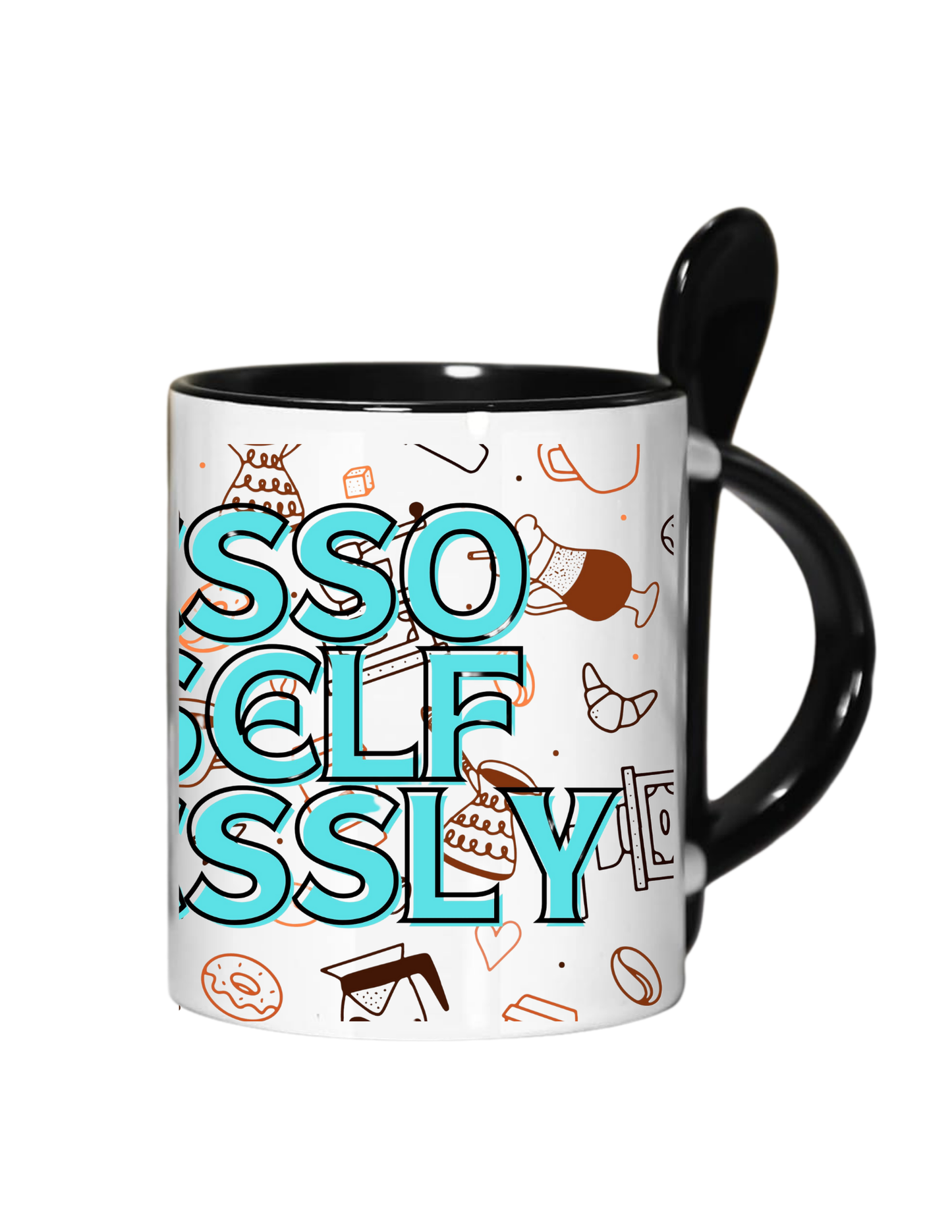 Colorful 11oz Ceramic Coffee Mug with Black Handle and Spoon, Featuring 'Espresso Yourself Fearlessly' Design