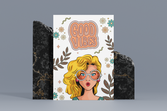 A colorful 8x10 metal sign featuring the text ‘Good Vibes’ surrounded by an artistic arrangement of flowers and leaves.