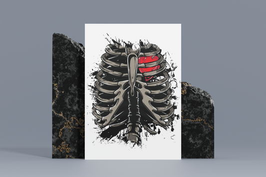 Handcrafted 8x10 metal sign depicting a gothic ribcage with a red heart, embodying dark aesthetic charm.