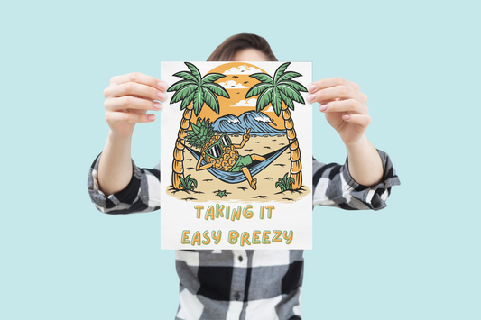 "Tropical Pineapple Hammock Metal Sign - 'Taking It Easy Breezy' - 8x10 Whimsical & Colorful Decor"