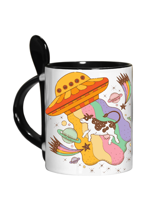 Whimsical Cow Mug - Colorful Space-Themed Coffee Cup with Motivational Message