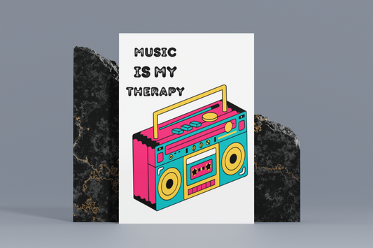 An 8x10 colorful metal sign featuring an illustrated retro boombox with the text “Music Is My Therapy.”