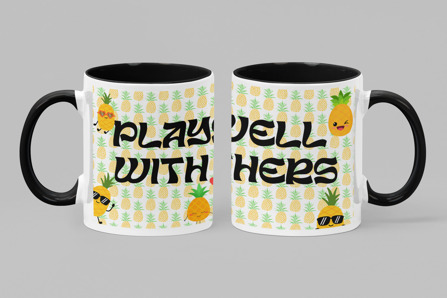 Playful Pineapple Pattern Mug - "Plays Well With Others" - Fun and Quirky Ceramic Coffee Cup with  Black Handle